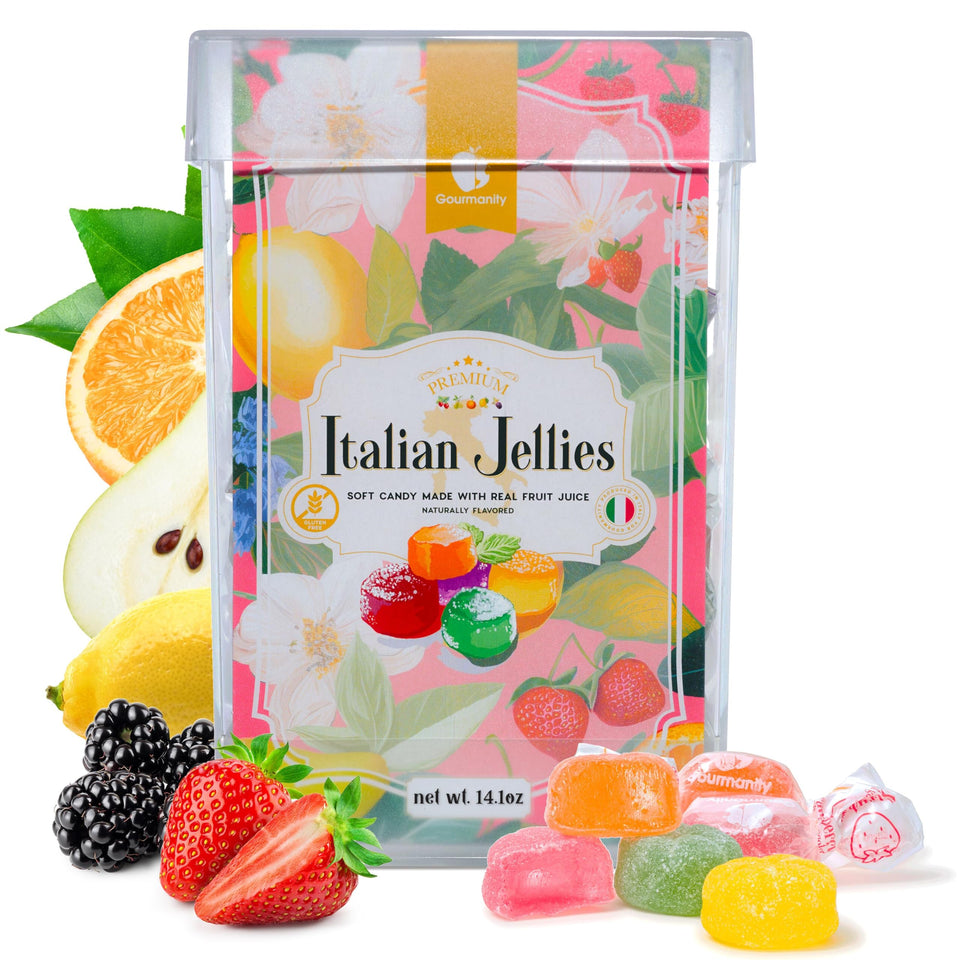 Gourmanity Italian jelly fruit candy box for gifting and sharing.