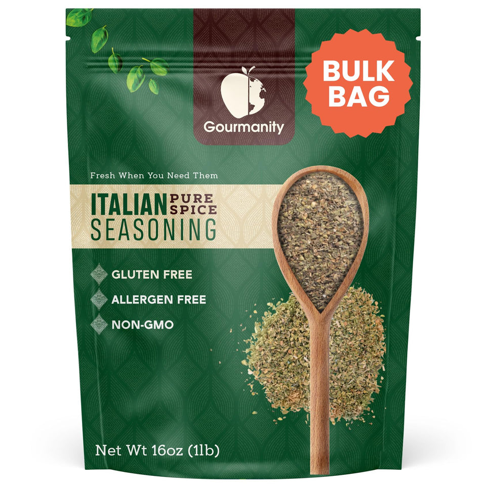 Gourmanity Italian Seasoning bottle pouring for flavorful meals.