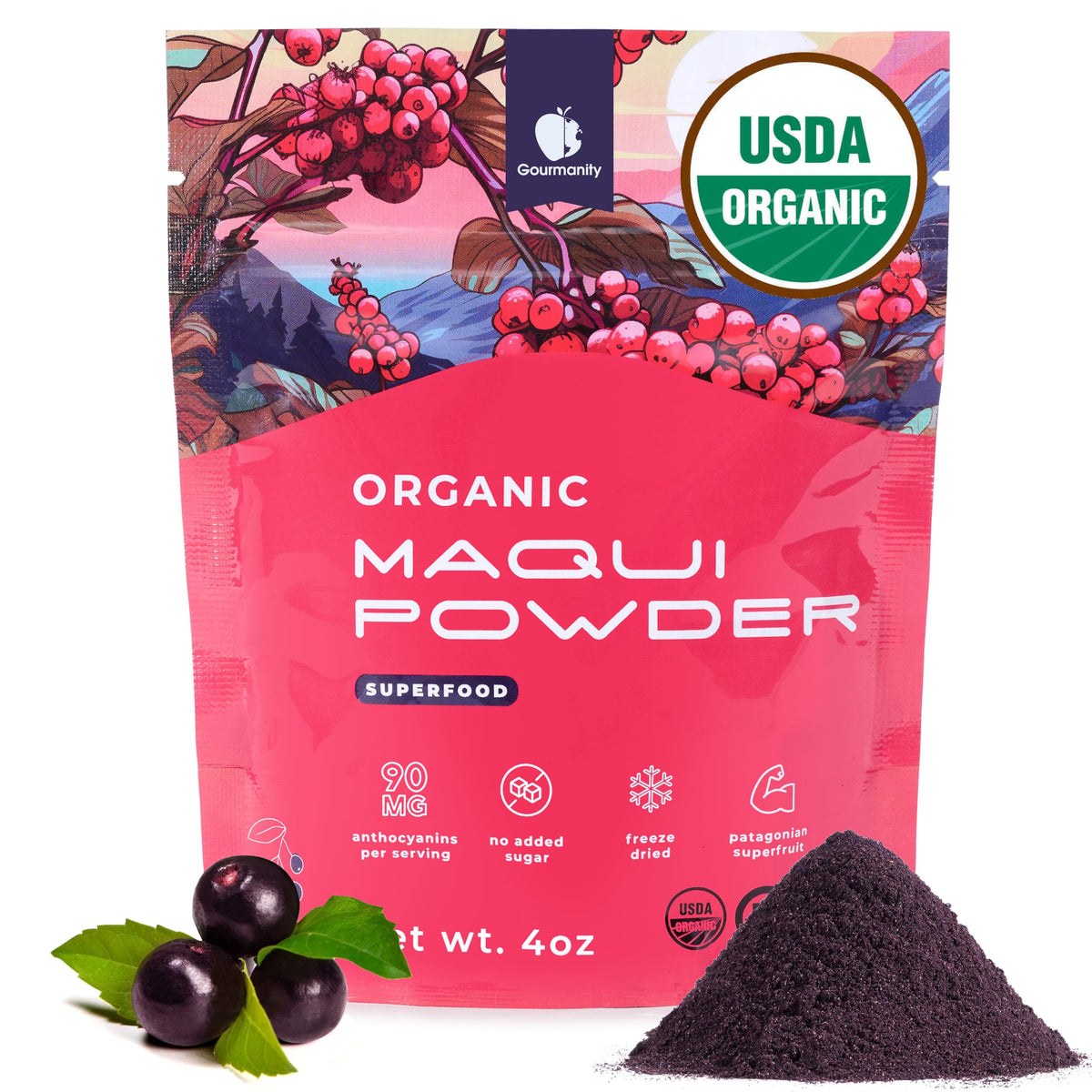 Gourmanity Maqui powder front bag—premium organic antioxidants for smoothies and baking.