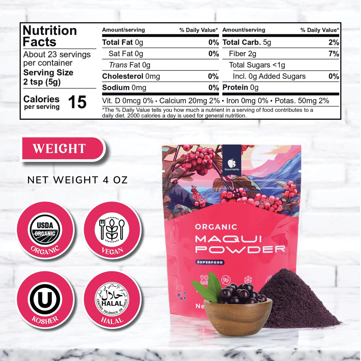 Gourmanity Maqui powder in bowl—vibrant tart color ideal for bowls and shakes.