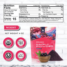 Gourmanity Maqui powder in bowl—vibrant tart color ideal for bowls and shakes.