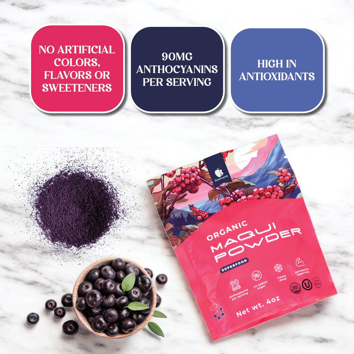 Gourmanity Maqui powder close-up—deep purple hue enhances food color and appeal.