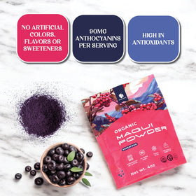 Gourmanity Maqui powder close-up—deep purple hue enhances food color and appeal.
