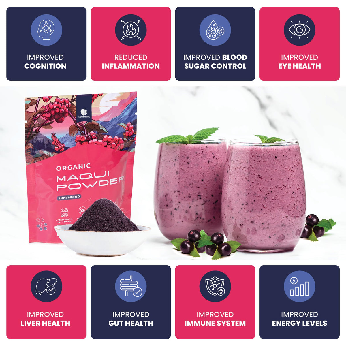 Gourmanity Maqui powder jar—resealable packaging preserves nutrients for daily use.