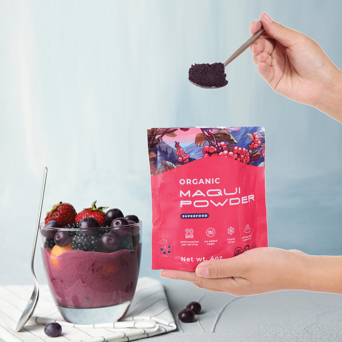 Gourmanity Maqui powder pouring spoon—easy to add to drinks and desserts.
