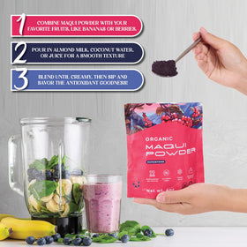 Gourmanity Maqui powder on yogurt—bright berry flavor pairs with breakfast favorites.