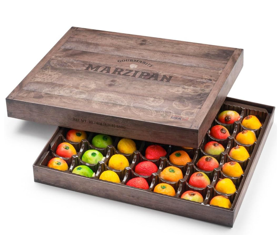 Gourmanity marzipan fruit box close-up showing assorted pieces, ideal for gifting.