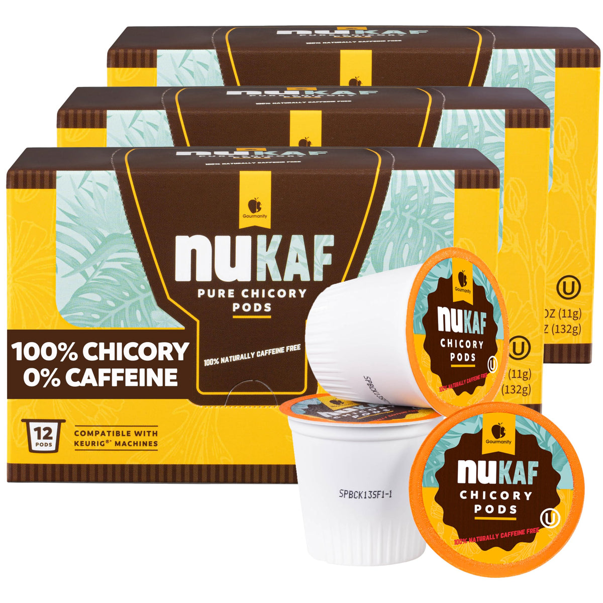 Gourmanity nuKAF chicory pod close-up highlighting caffeine-free, rich flavor.