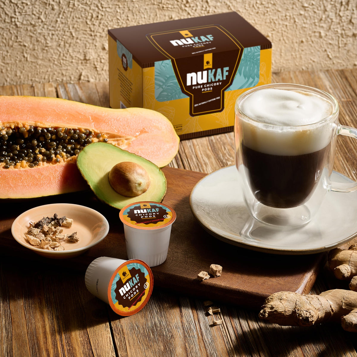Gourmanity nuKAF chicory pod inserted into a Keurig brewer.