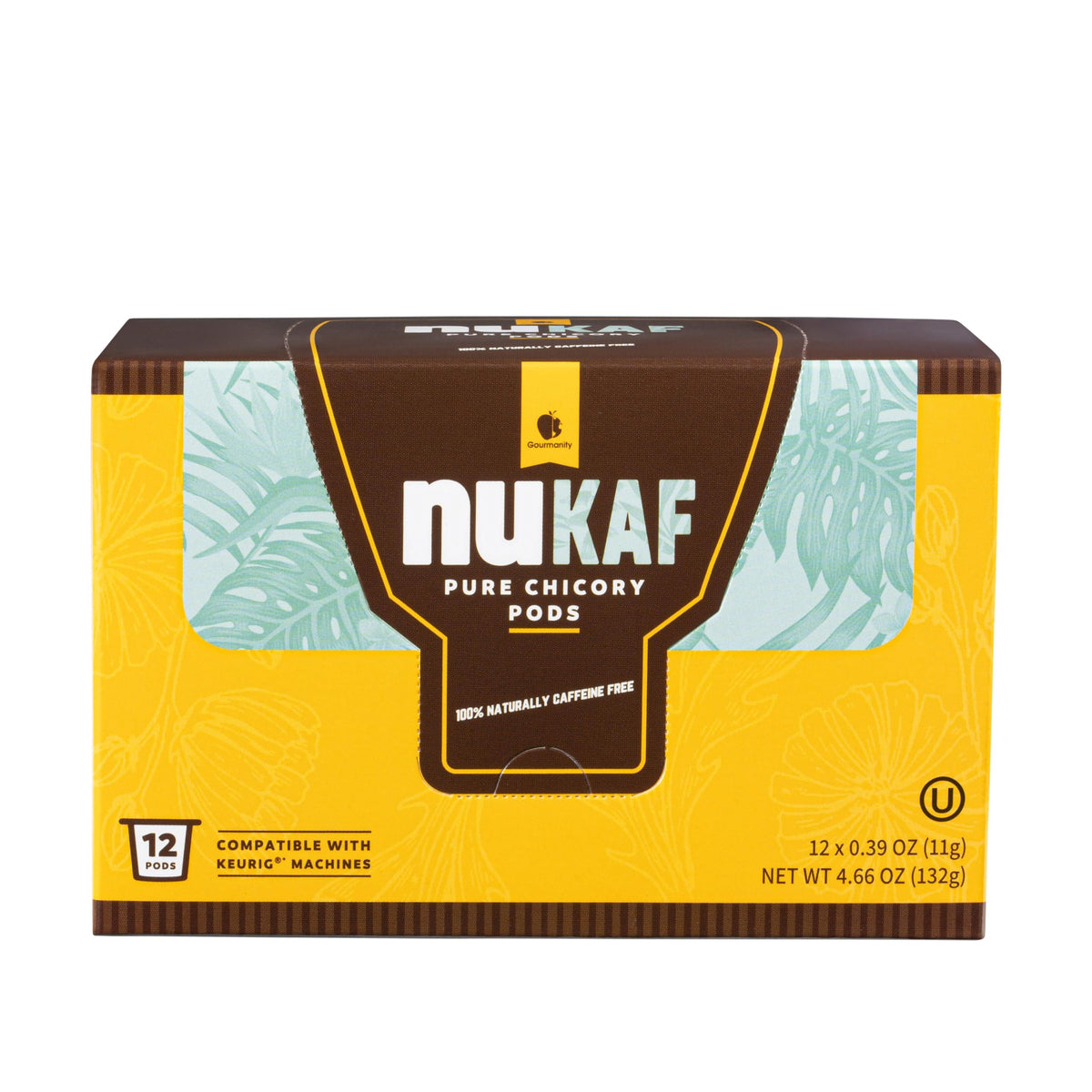 Gourmanity nuKAF chicory pod releasing steam over a cup.