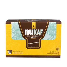 Gourmanity nuKAF chicory pod releasing steam over a cup.