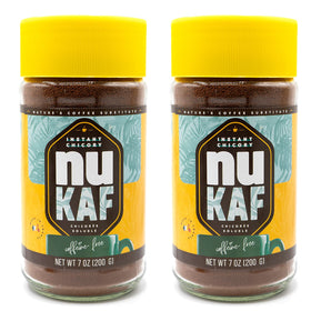 Gourmanity nuKAF chicory powder jar ready for a caffeine-free morning brew