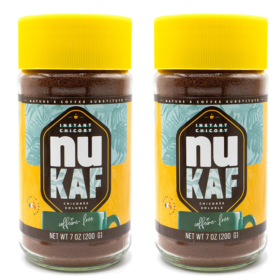 Gourmanity nuKAF chicory powder jar ready for a caffeine-free morning brew