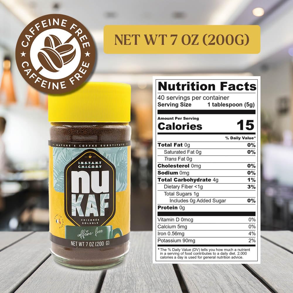 Gourmanity nuKAF jar back label highlights chicory and inulin content.