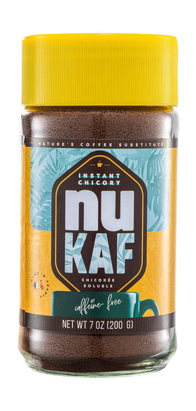 Gourmanity nuKAF jar front shows caffeine-free daily ritual.