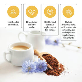 Gourmanity nuKAF kosher-certified chicory blend beside a mug
