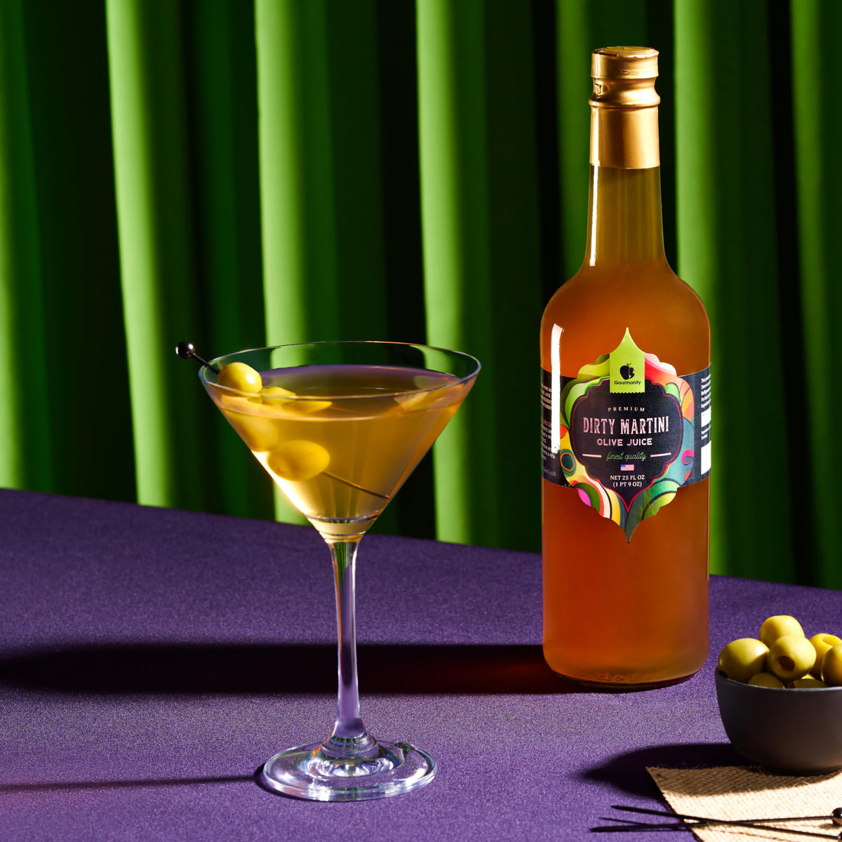 Gourmanity olive juice bottle pour enables quick dirty martinis at home.