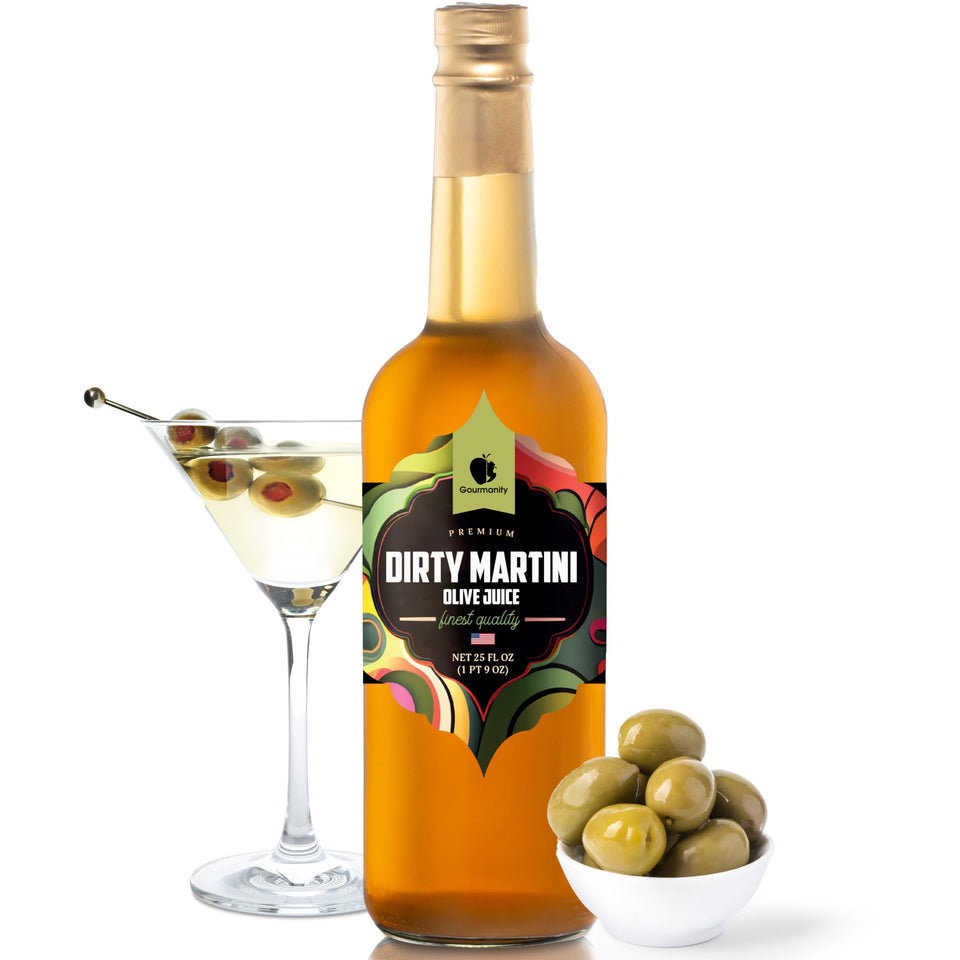 Gourmanity olive juice bottle shot highlights premium brine for cocktails.