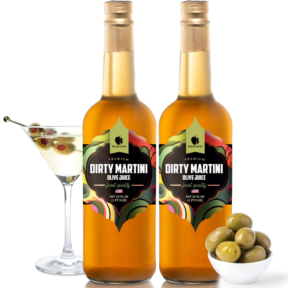 Gourmanity olive juice for dirty martinis in a 2-pack bottle set, ready to mix.