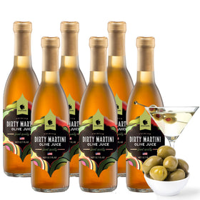 Gourmanity olive juice for dirty martinis boosts cocktail quality in six-pack packaging.
