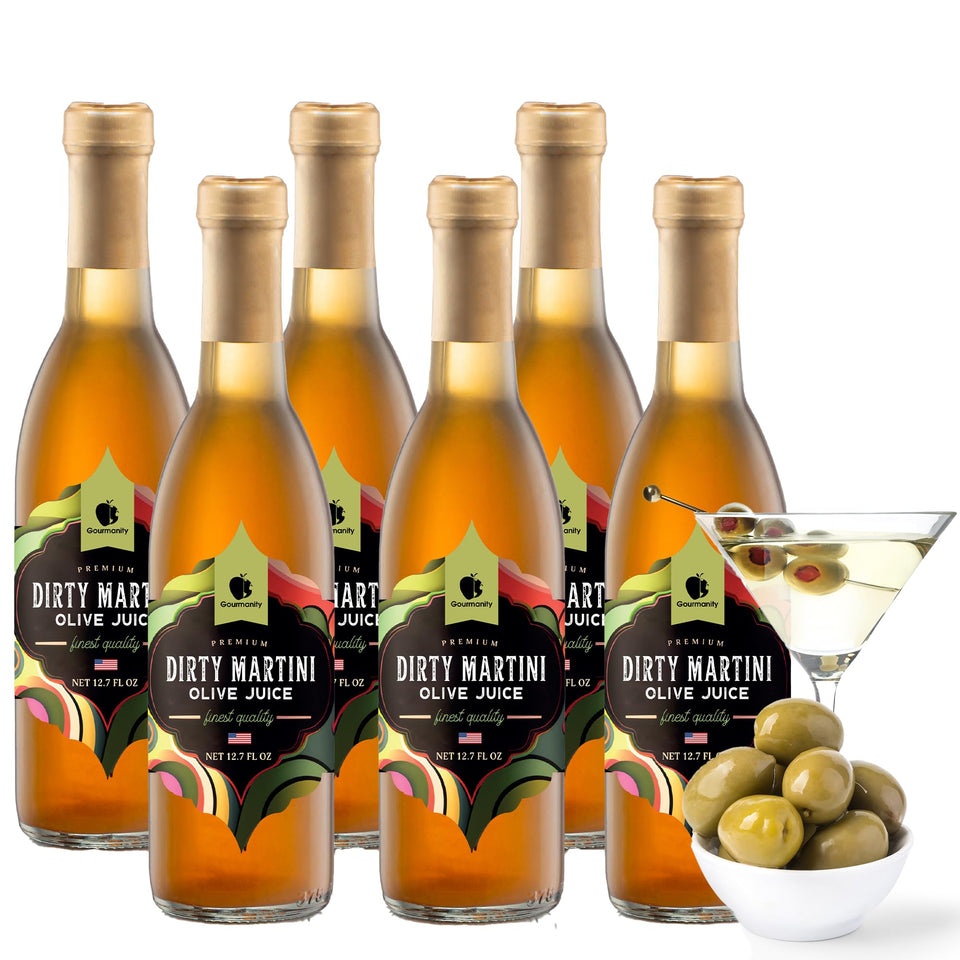 Gourmanity olive juice for dirty martinis boosts cocktail quality in six-pack packaging.