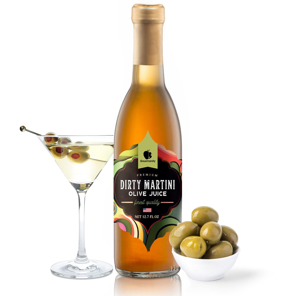 Gourmanity olive juice bottle for a rich, balanced dirty martini.