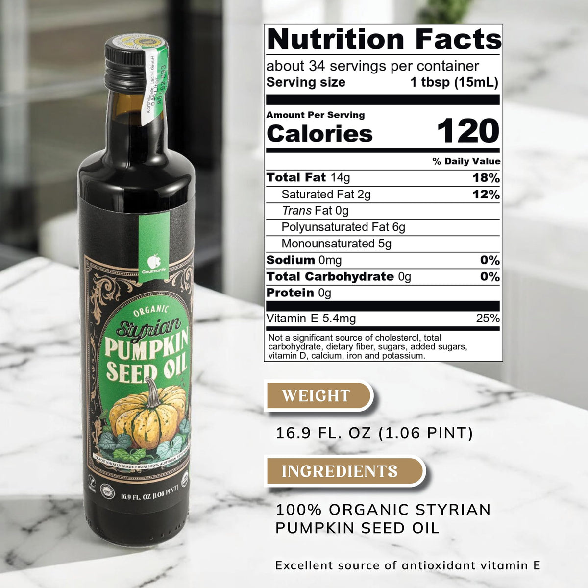 Gourmanity PGI quality label on the Styrian pumpkin seed oil bottle.