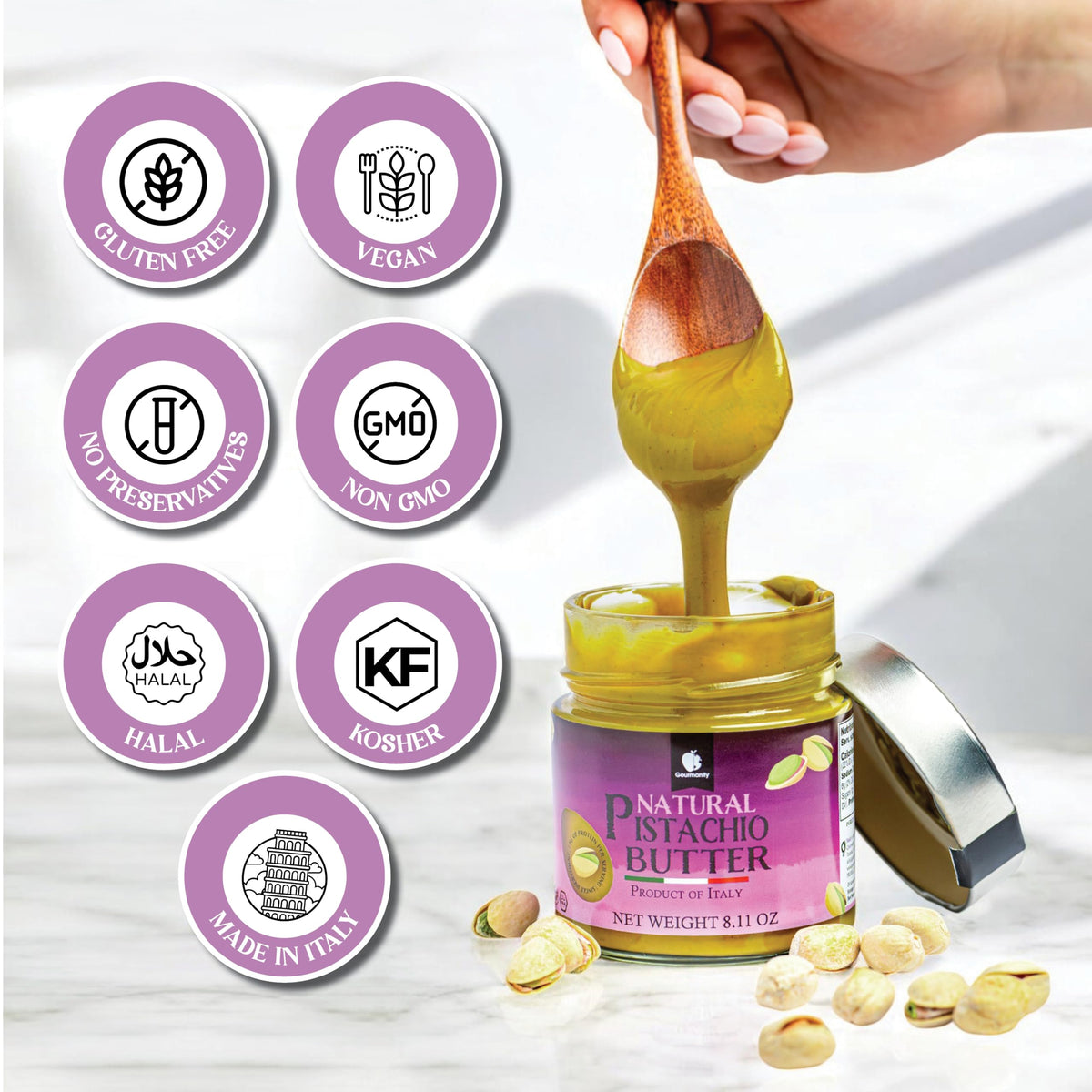 Italian-made Gourmanity pistachio butter with natural ingredients.
