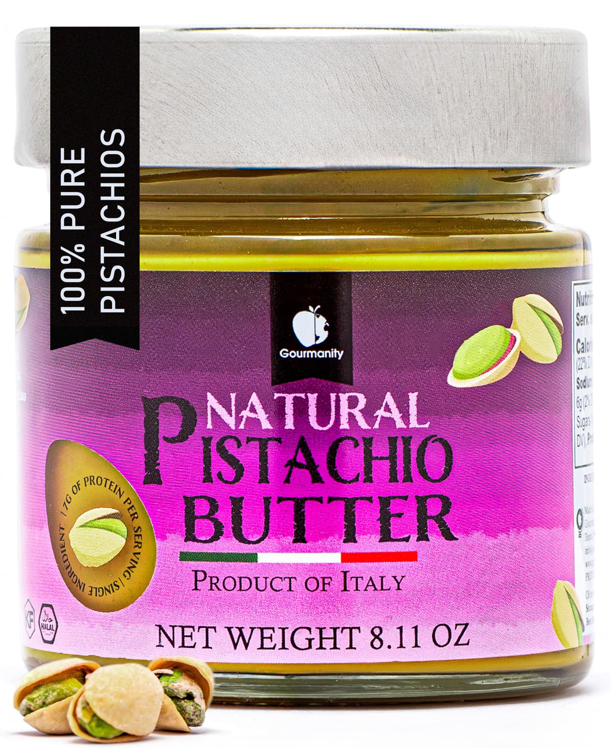 Gourmanity pistachio butter jar, creamy spread perfect for toast and desserts.