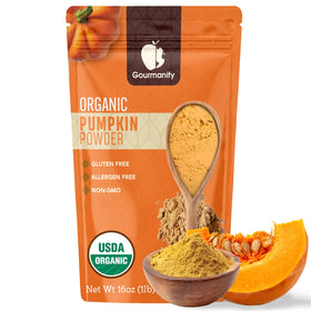 Gourmanity pumpkin powder in a resealable bag for versatile cooking and baking