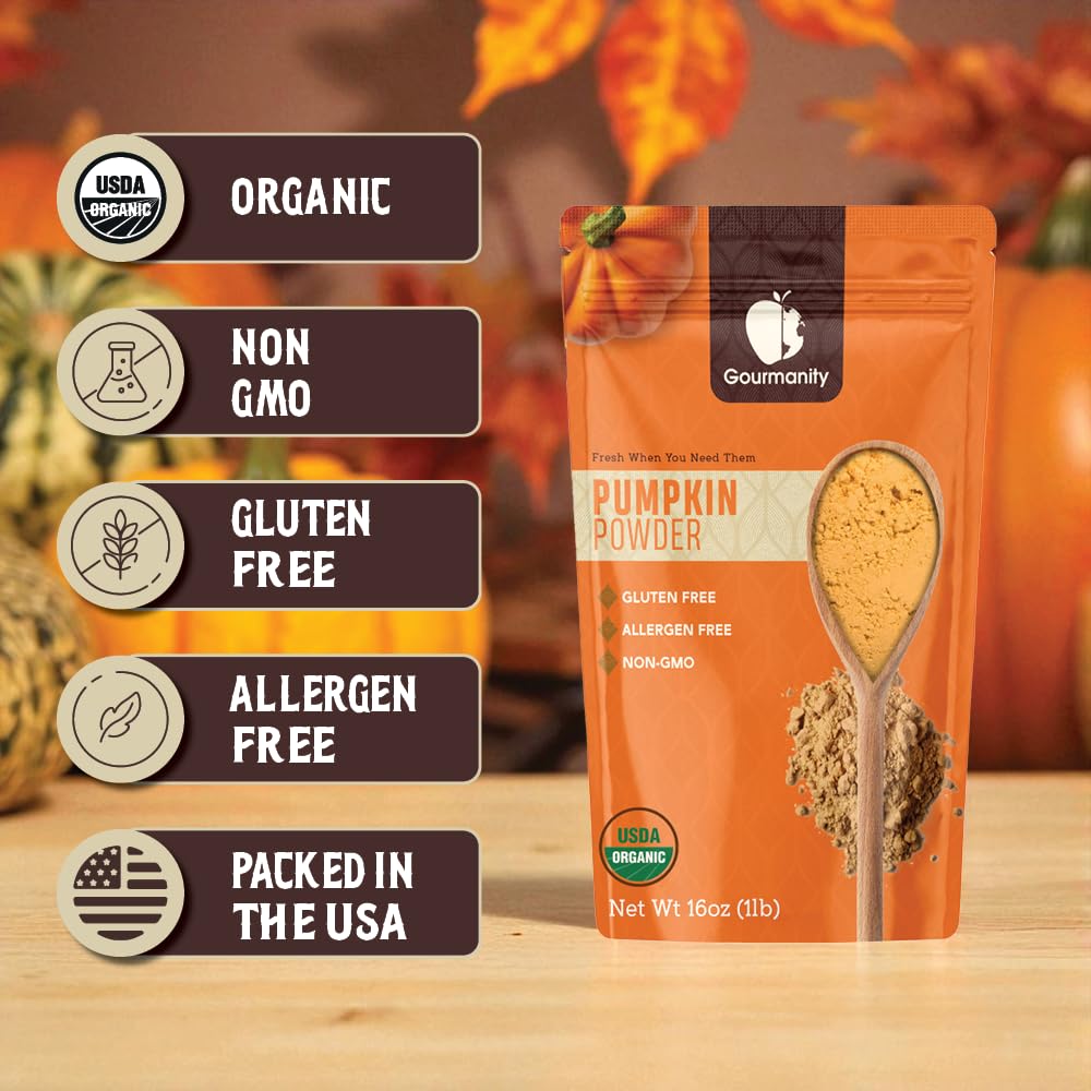Gourmanity pumpkin powder with a measuring scoop for easy portioning