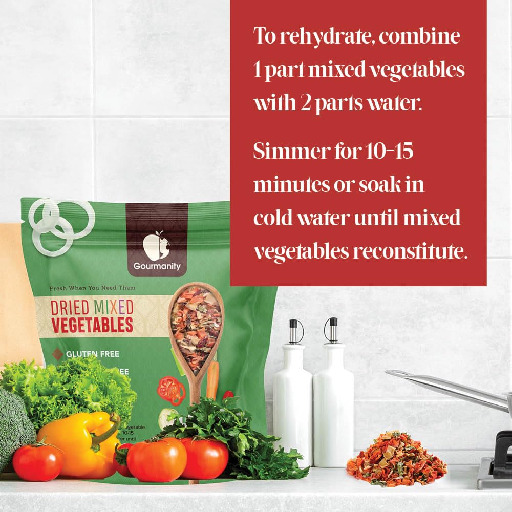 Resealable bulk bag keeps dehydrated vegetables fresh, ideal for camping or meal prep.
