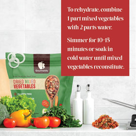 Resealable bulk bag keeps dehydrated vegetables fresh, ideal for camping or meal prep.