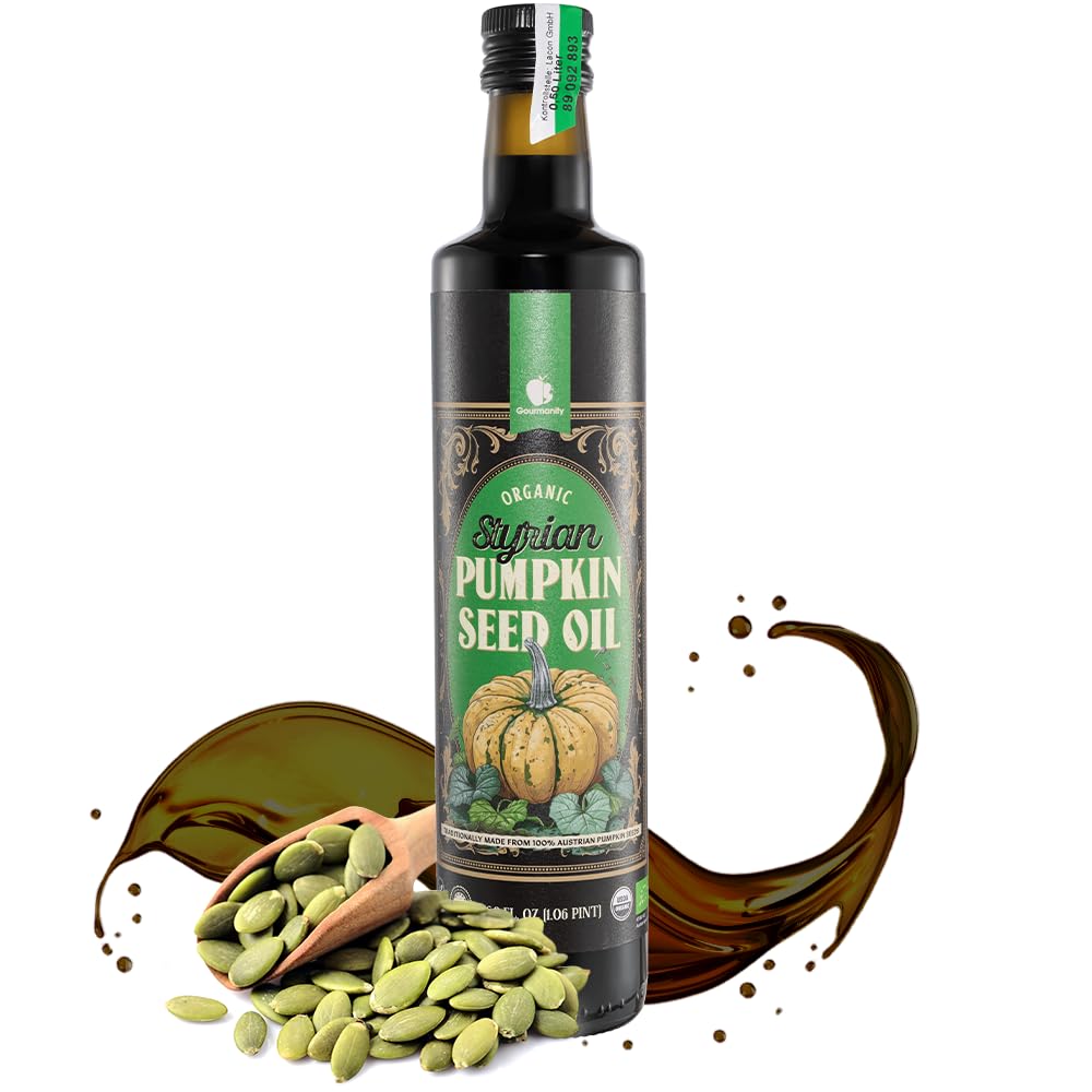 Gourmanity Styrian pumpkin seed oil bottle, premium finishing oil for salads.