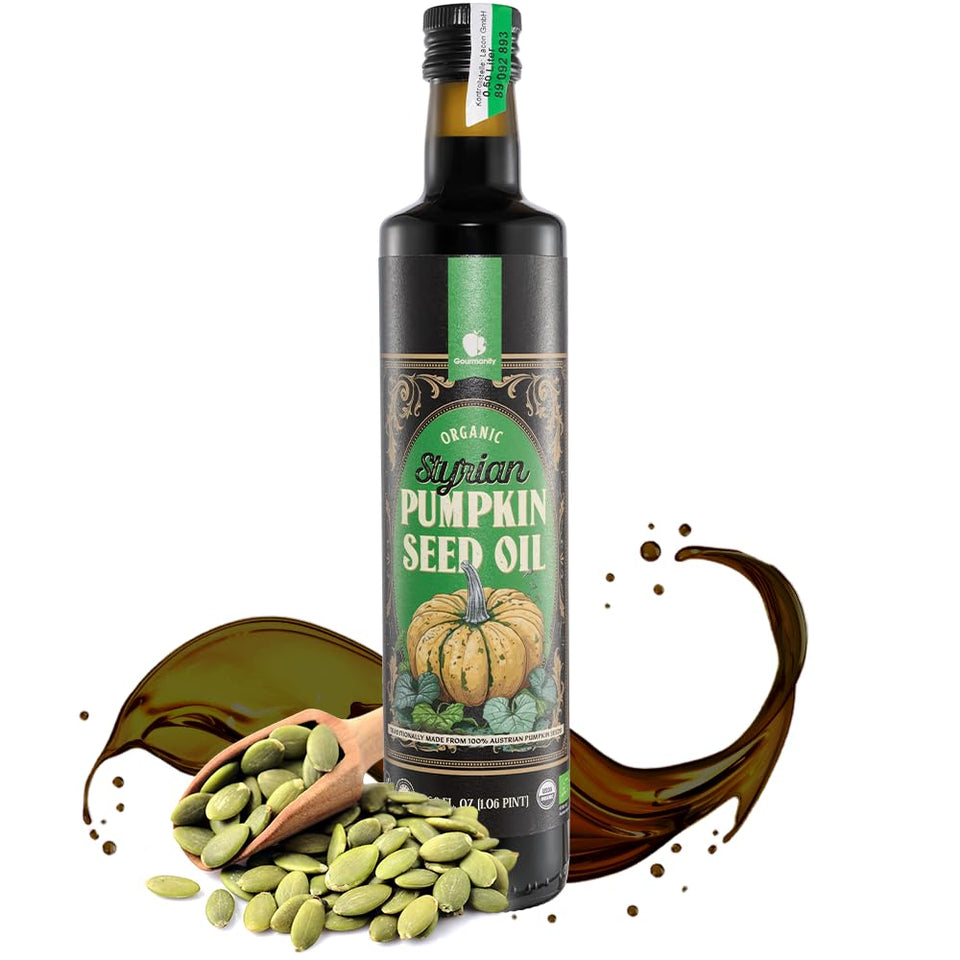 Gourmanity Styrian pumpkin seed oil bottle, premium finishing oil for salads.