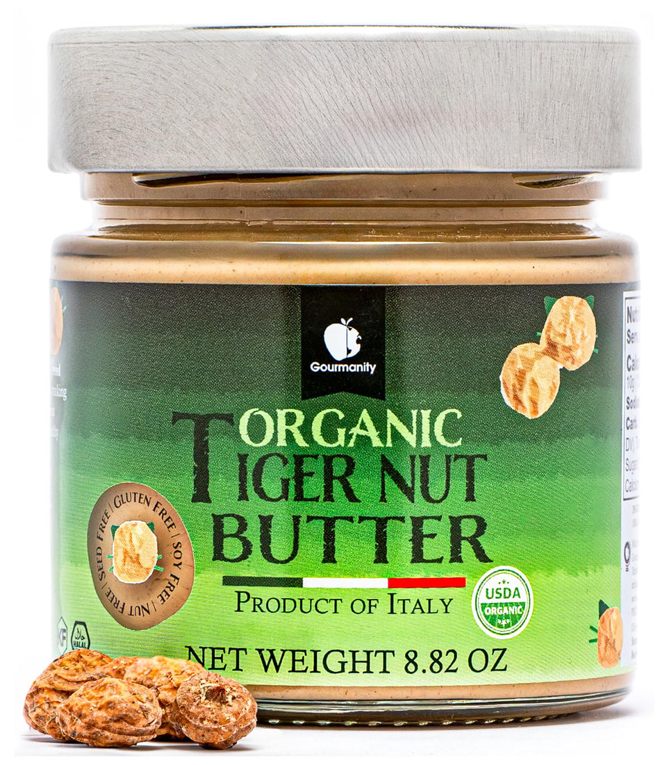 Gourmanity Tigernut Butter jar showcasing creamy, allergen-friendly spread.