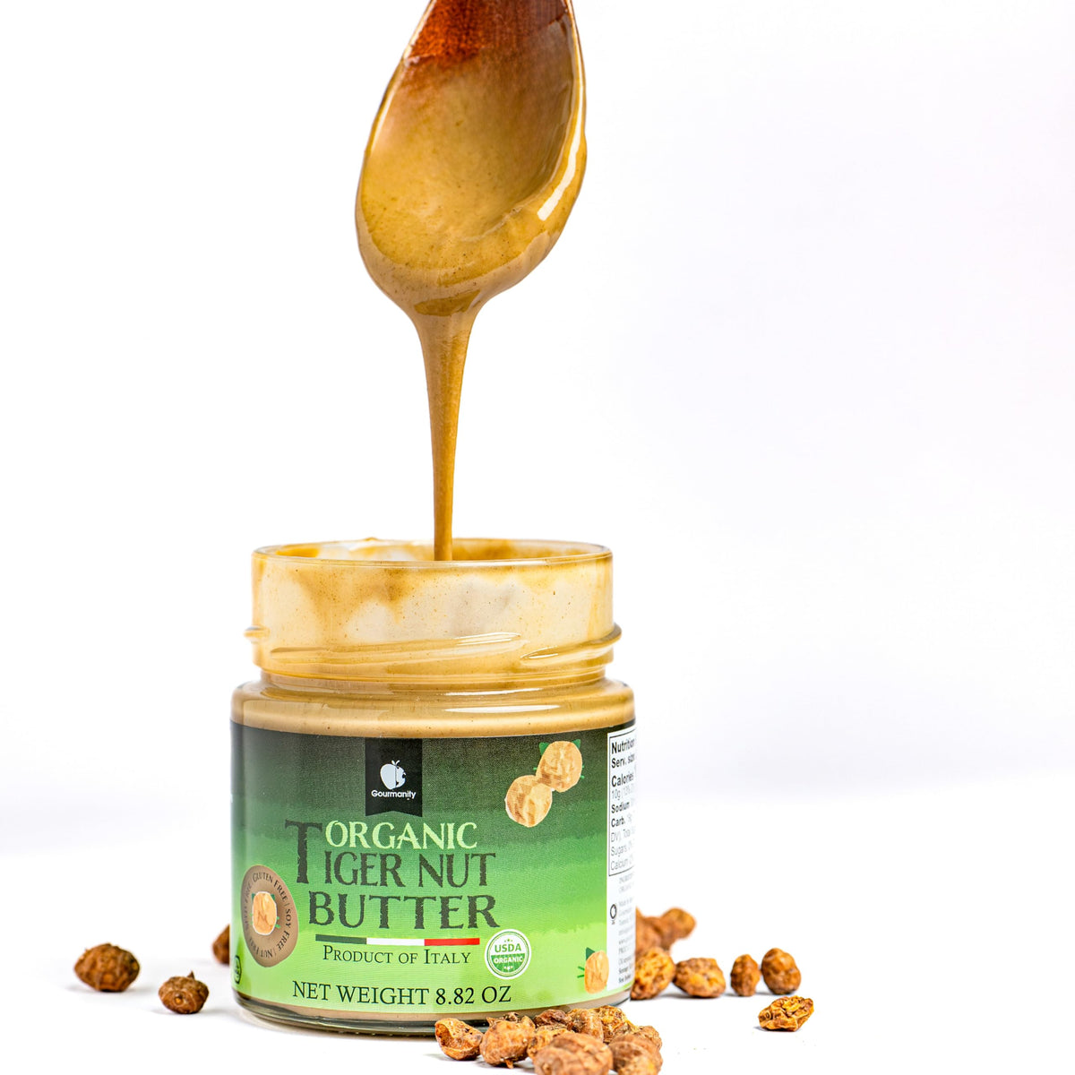 Gourmanity Tigernut Butter packaging on a compact 8.8oz jar.