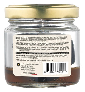 Gourmanity truffles in brine jar closeup; rich aroma enhances sauces