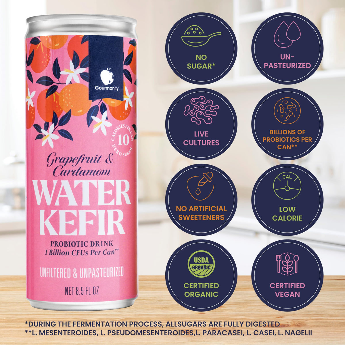 Gourmanity Water Kefir glass pour, smooth texture and refreshing finish.