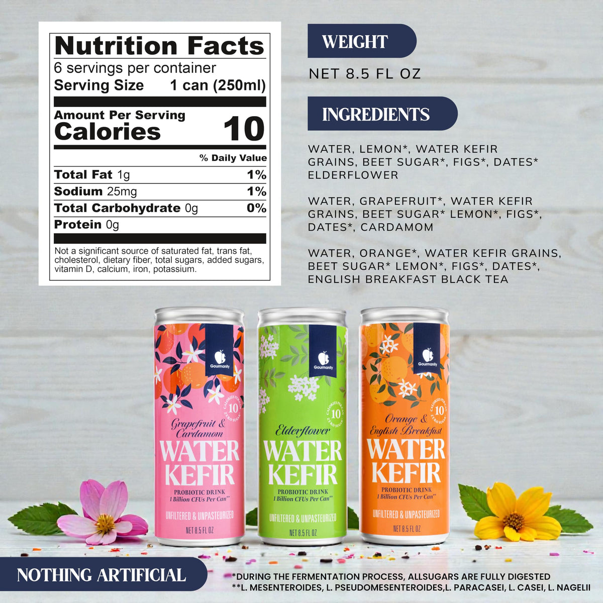 Gourmanity Water Kefir grapefruit-cardamom can, vibrant flavor with gut-friendly cultures.