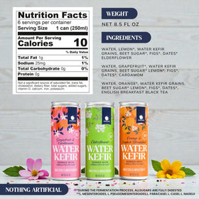 Gourmanity Water Kefir grapefruit-cardamom can, vibrant flavor with gut-friendly cultures.