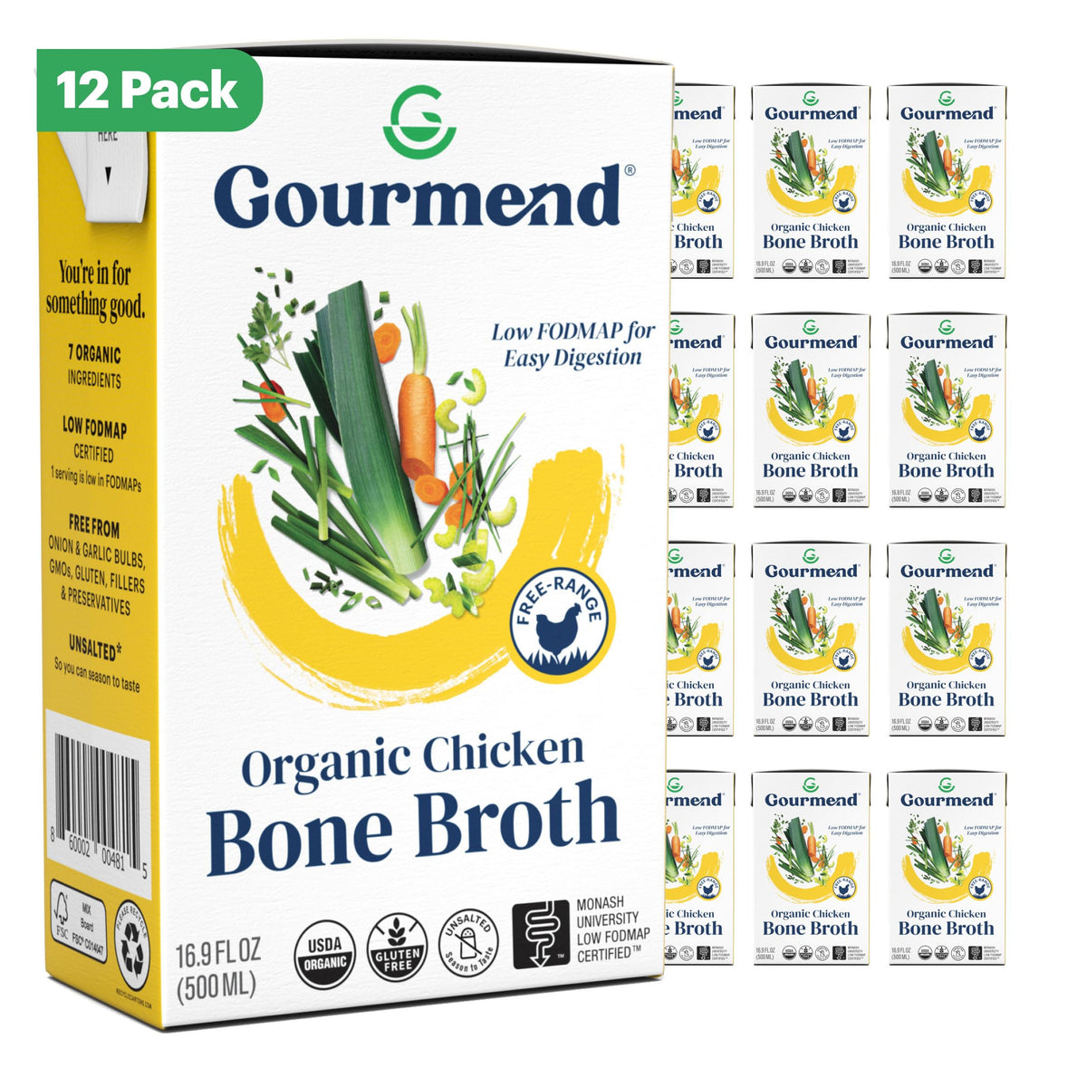 Gourmend bone broth bottle 12-pack on shelf, ready for cooking