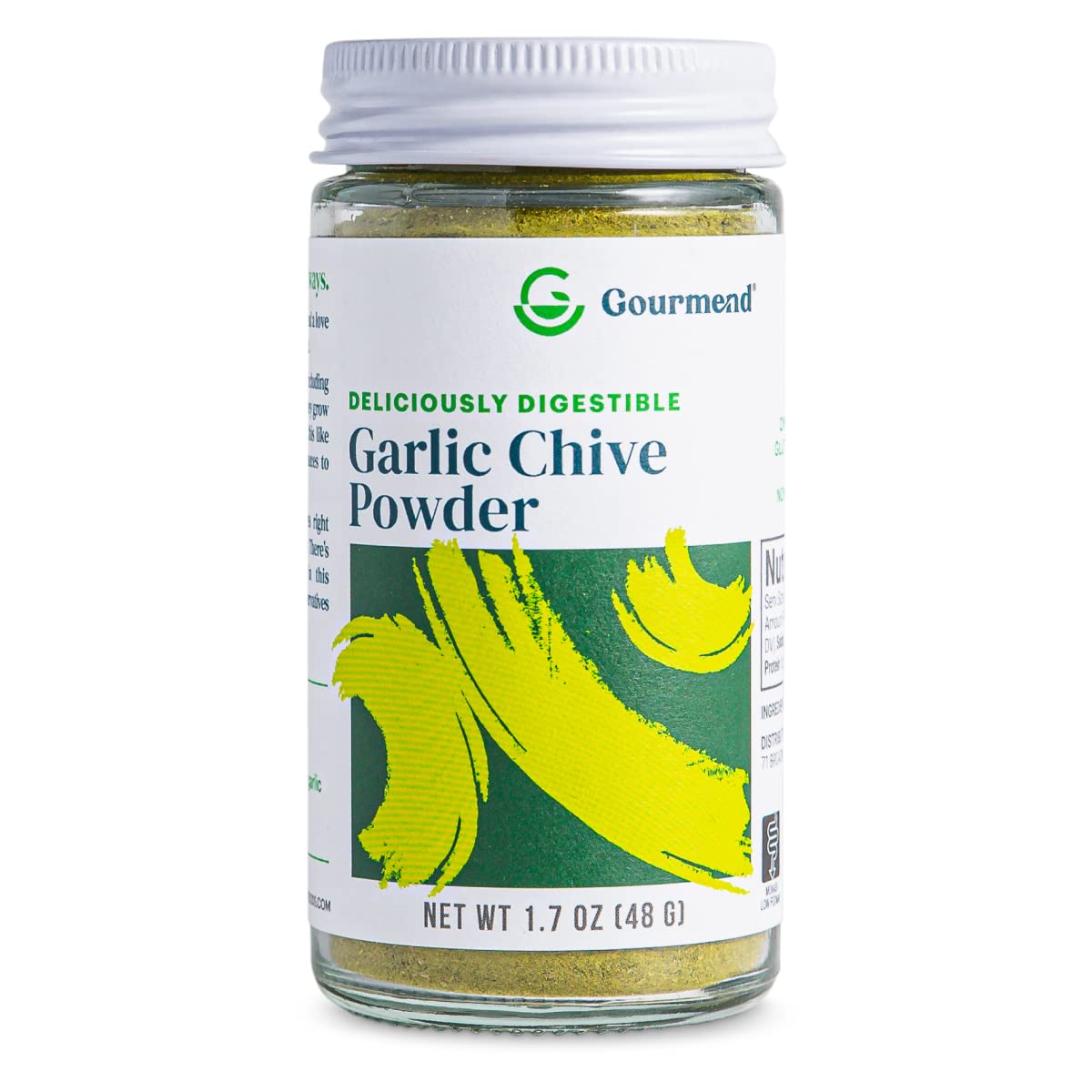 Gourmend Garlic Chive Powder in a jar adds versatile garlic flavor to sauces and proteins.