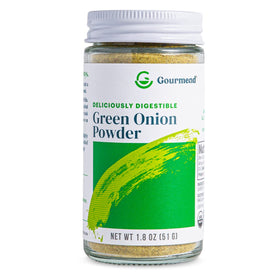 Gourmend Green Onion Powder bottle close-up showing natural, filler-free seasoning.