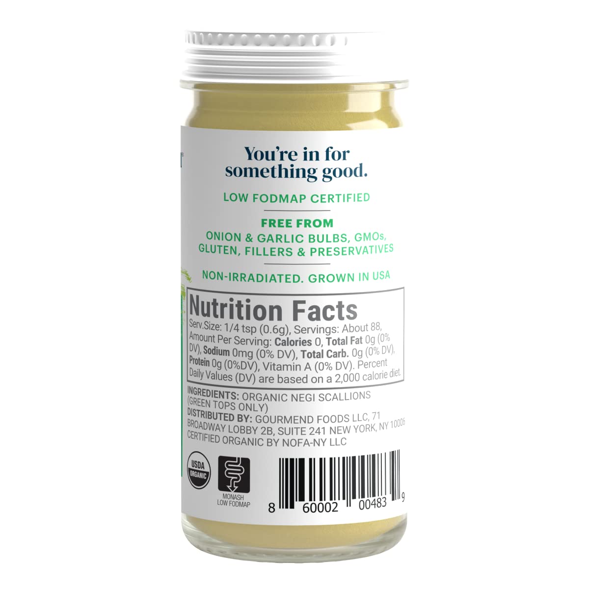Gourmend Green Onion Powder label detail emphasizes Monash Low FODMAP certification.