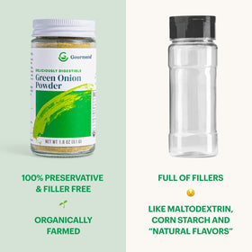 Gourmend Green Onion Powder pack shot highlights gluten-free, 100% natural flavor.