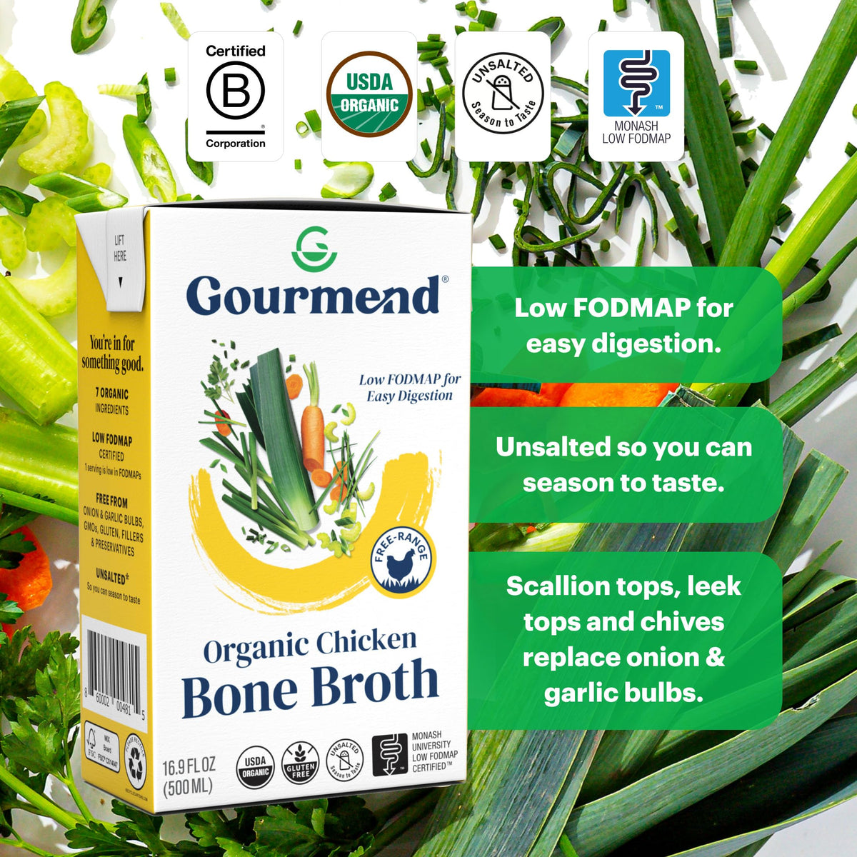 Gourmend broth label close-up showing Low-FODMAP certification.