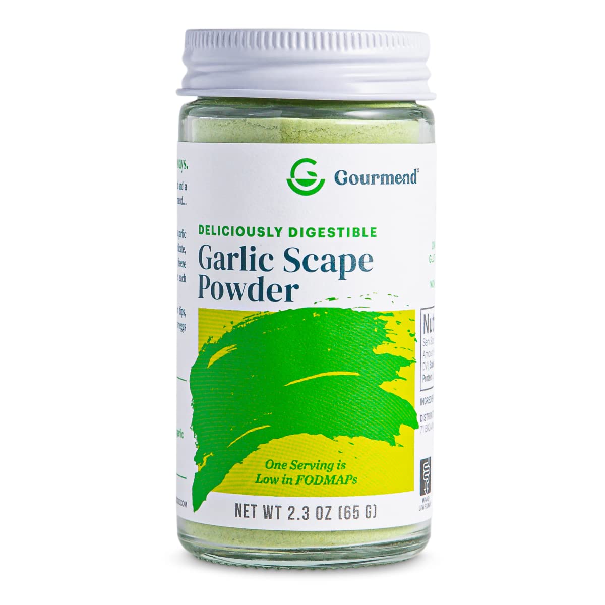 Gourmend Garlic Scape Powder bottle shows organic spice for versatile cooking