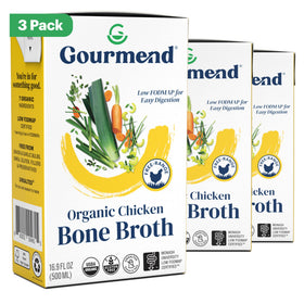 Gourmend Organic Unsalted Chicken Bone Broth 3-pack bottles for rich, low-FODMAP flavor.