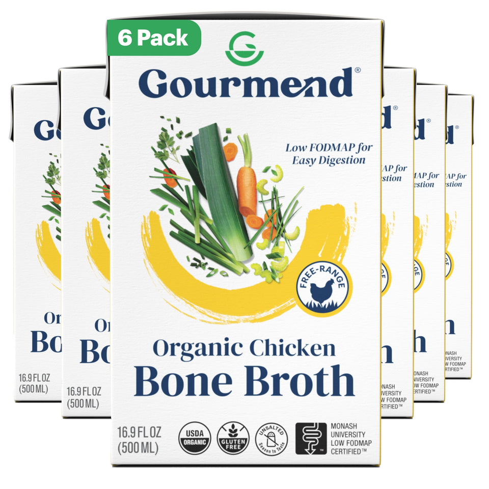 Gourmend Organic Unsalted Chicken Bone Broth bottle pour highlights convenient prep use